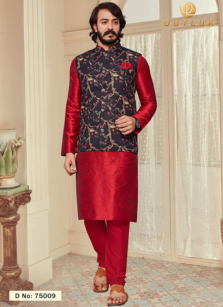 Red And Black Colour Outluk Vol 75 Latest Designer Festive Wear Kurta Pajama With Jacket Collection 75009